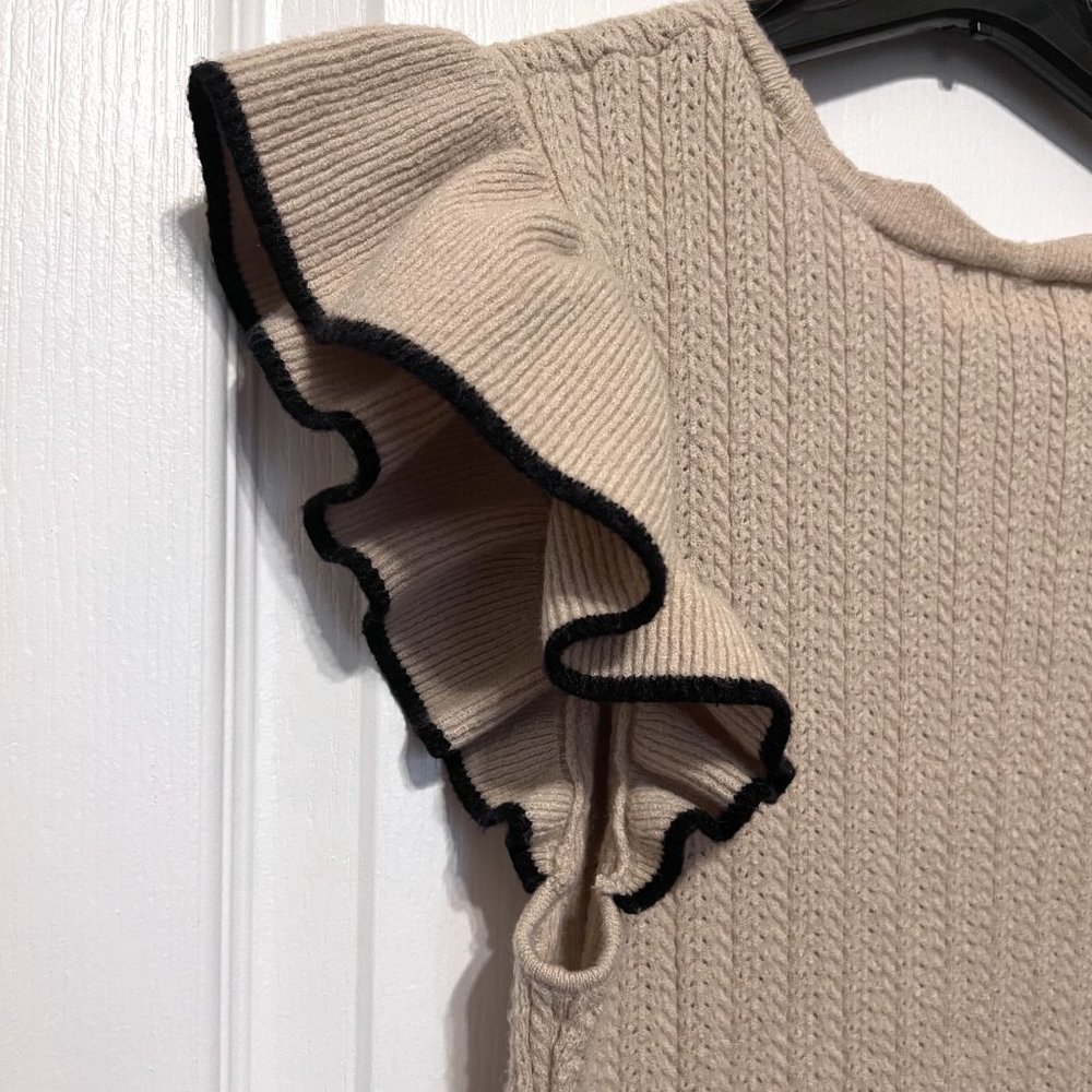 Ally Mae Tan & Black Trim Flutter Short Sleeve Sweater-Size Large-Women's-Casual - Picture 4 of 14